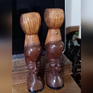 African Wood Carved Man & Woman's Heads Each 11 inches Tall
